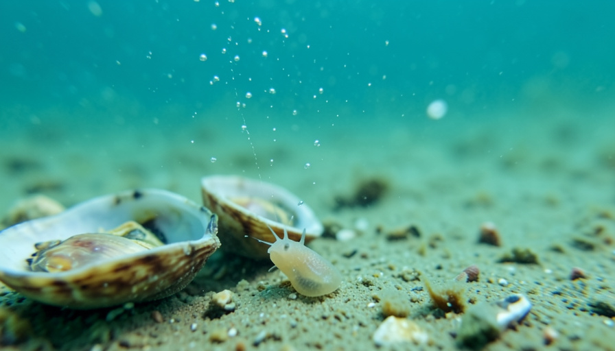 Oyster and mussel shells and a small sea snail on the sea floor with gas bubbles rising, showing the shell-building life most affected by ocean acidification