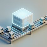 Isometric illustration of a cloud server module orchestrating small automated task units on a looping track