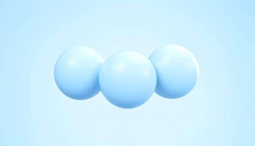 A stylized three-dimensional illustration of an ozone molecule, three connected pale blue spheres representing three bonded oxygen atoms