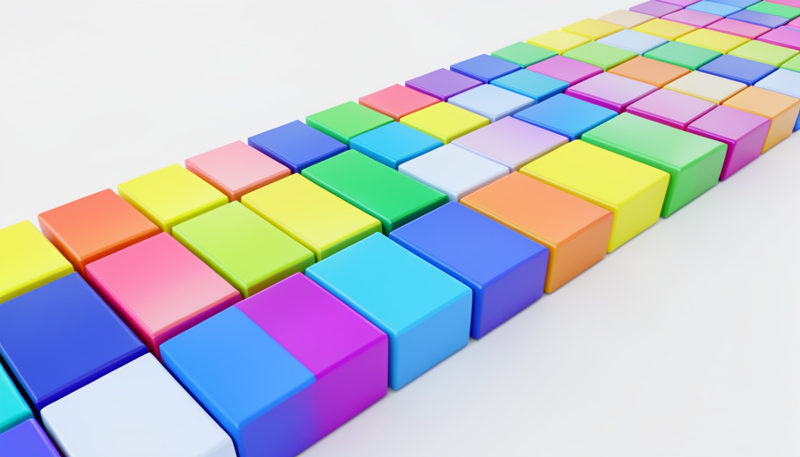 An angled view of colorful glossy blank blocks arranged in an organized grid, representing the ordered structure of the periodic table