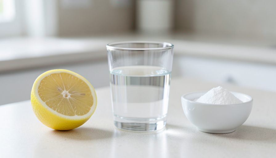 A halved lemon, a clear glass of water, and a small white bowl of baking soda on a light kitchen counter