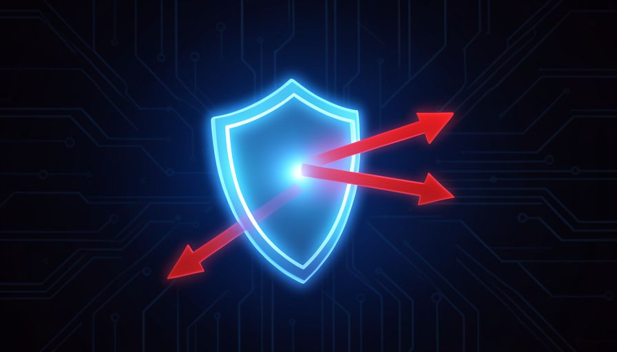 A glowing blue shield deflecting incoming red arrows on a dark circuit-board background, representing defense against attacks