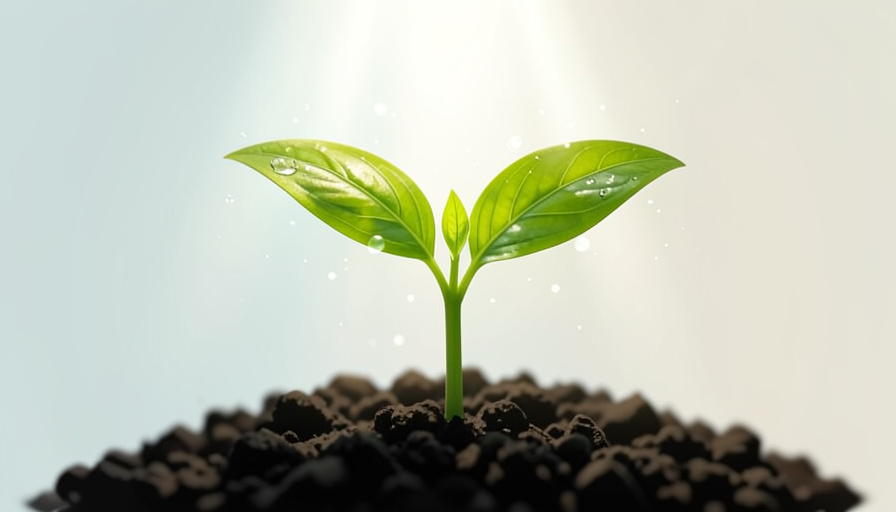 A green seedling in soil with sunlight streaming onto its leaves, representing a plant using light, water and carbon dioxide to make food through photosynthesis
