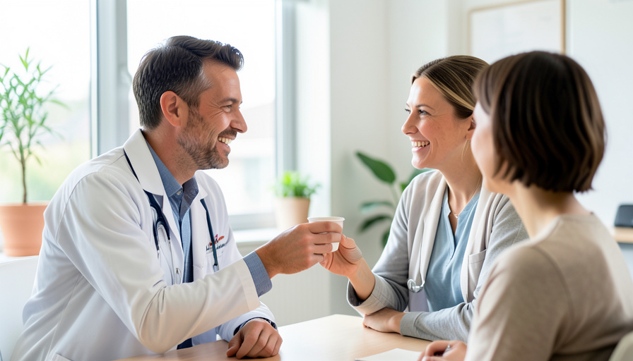 A reassuring doctor handing a cup to a patient in a bright clinic, illustrating how the ritual and context of care shape the placebo effect