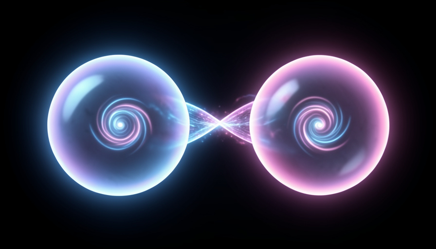 Two mirrored glowing spheres joined by a ribbon of energy, representing two entangled particles whose measured properties are correlated