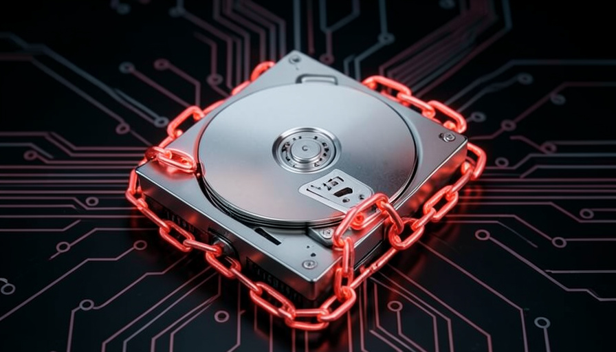 A metallic computer hard drive wrapped in glowing red chains on a dark circuit-board background