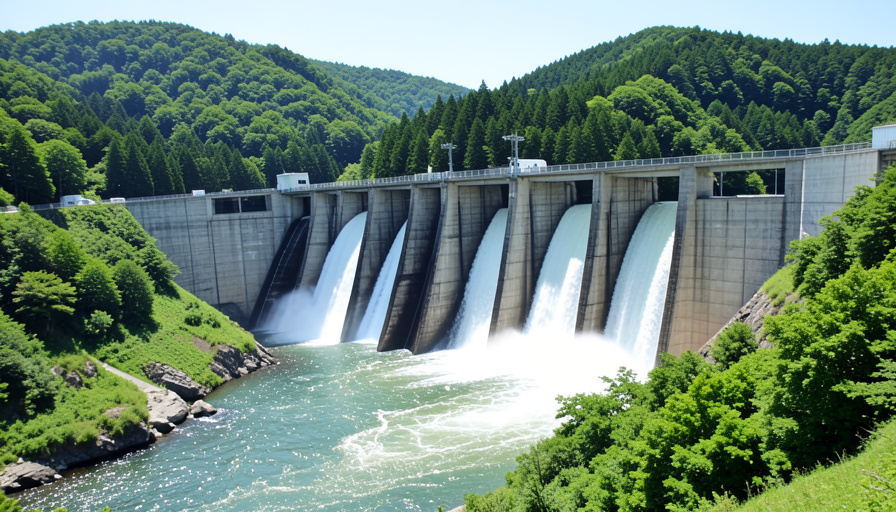 A large concrete hydroelectric dam with water rushing through open spillways surrounded by green forested hills