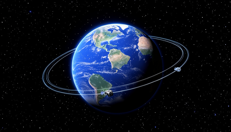 Satellites following curved orbital paths that ring the whole Earth, showing how a satellite circles the planet instead of falling