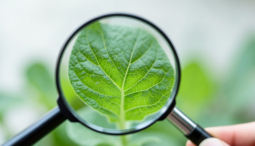 A magnifying glass held over a green plant leaf revealing its fine veins and detail