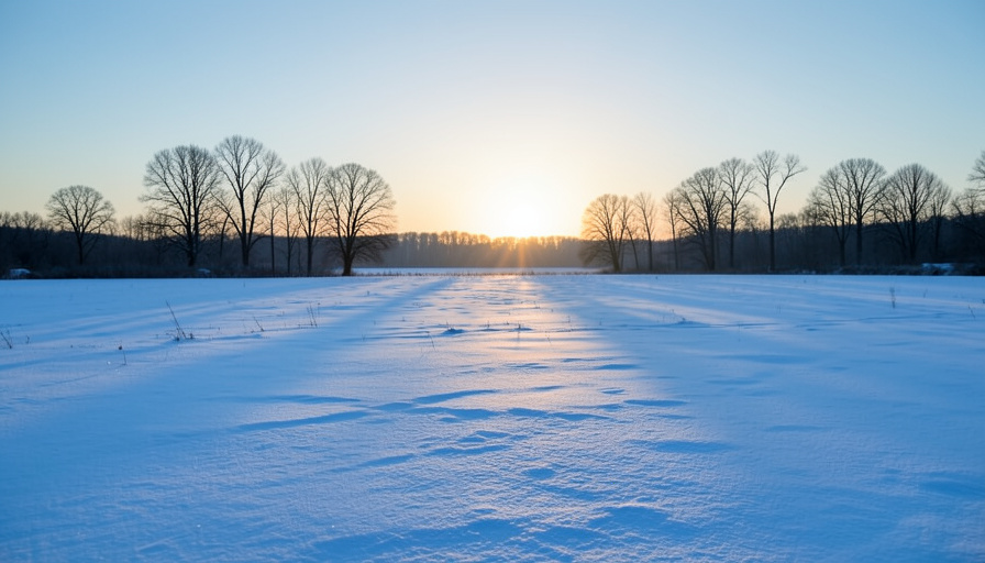 A tranquil snowy winter field with a low pale sun near the horizon casting long soft shadows across the snow