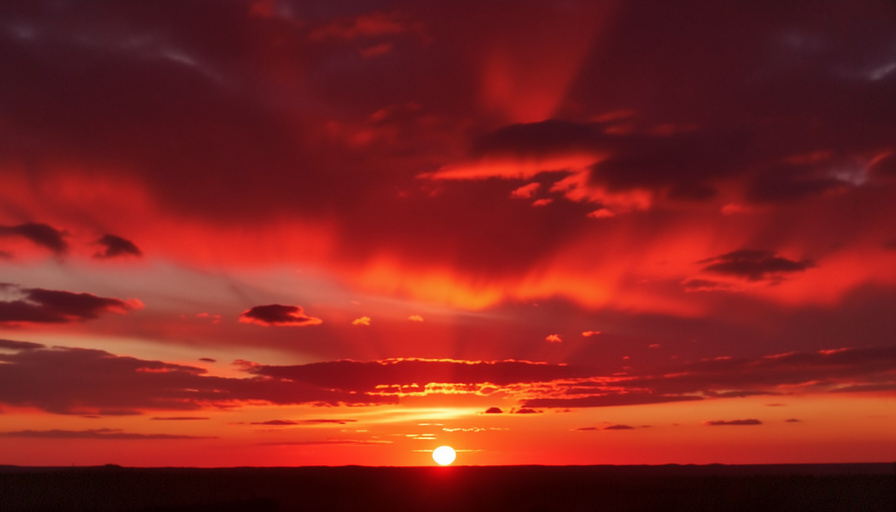 A dramatic glowing red and orange sunset sky over a calm distant horizon with the low sun near the horizon