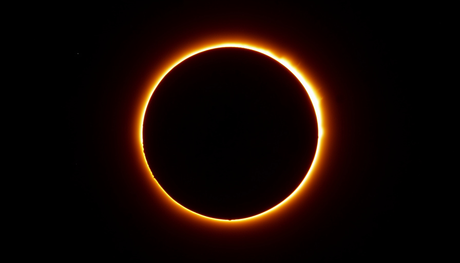 An annular solar eclipse showing a bright ring of sunlight, the ring of fire, around the dark silhouette of the Moon