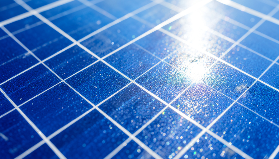 A close-up of blue silicon photovoltaic cells on a solar panel with sunlight reflecting, where sunlight is converted into electricity