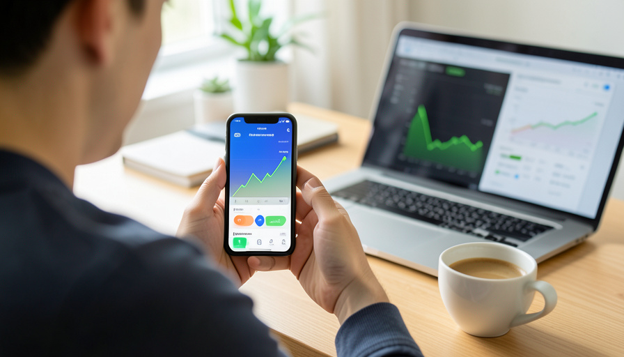 A person checking a stock investing app showing a rising chart on their phone, with a laptop of market data on the desk
