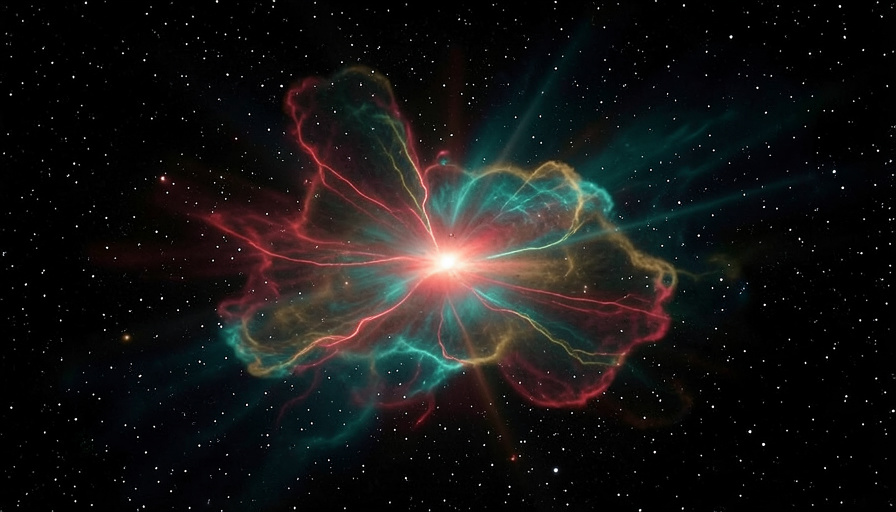 A colorful supernova remnant with red, teal, and gold filaments of gas expanding against a starry black background
