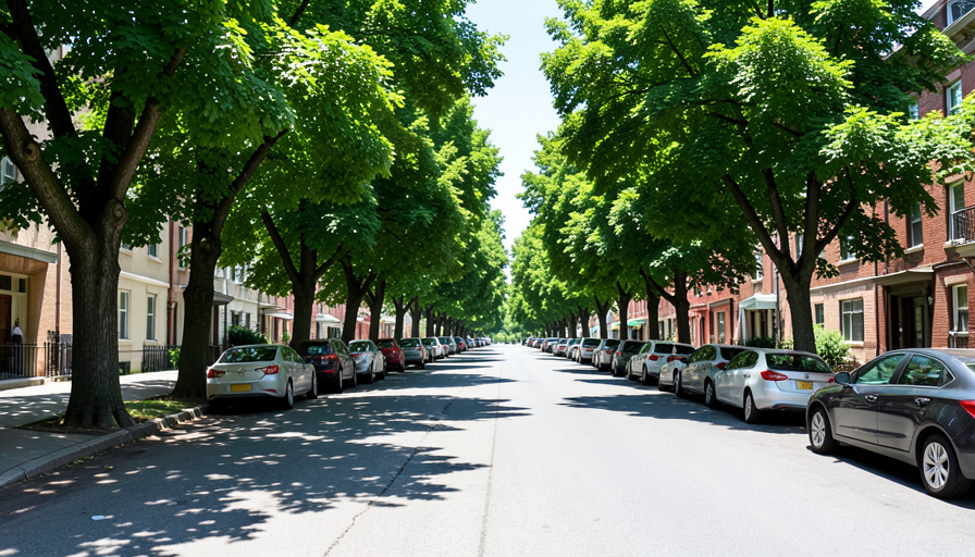 A tree-lined city street with green shade trees cooling the sidewalk and parked cars, a way cities reduce the urban heat island effect