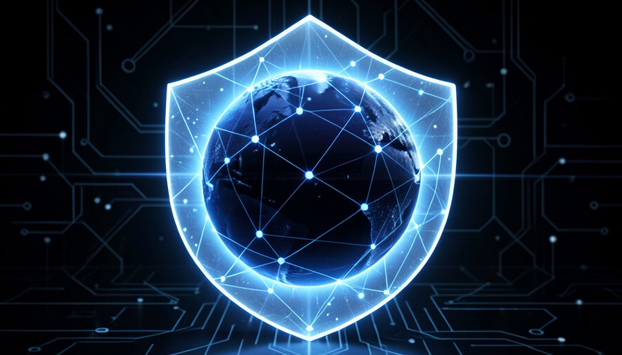 A glowing shield of light surrounding a dark globe wrapped in a network of connected glowing lines, representing a private, encrypted connection