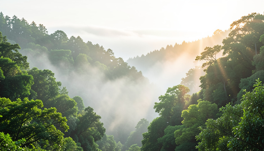 Mist rising from a green forest valley at sunrise, showing water evaporating and being released by plants into the air