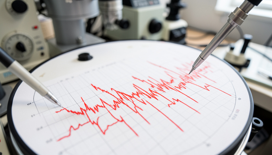 A seismograph tracing jagged red seismic waves on a rotating drum, the instrument used to record and measure earthquakes