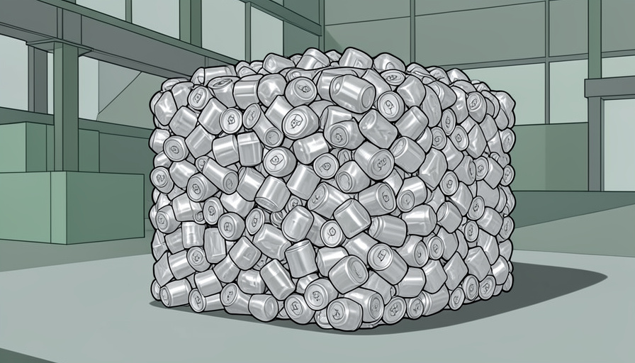 A compacted bale of crushed aluminum cans at a recycling facility, one of the few materials that recycles well