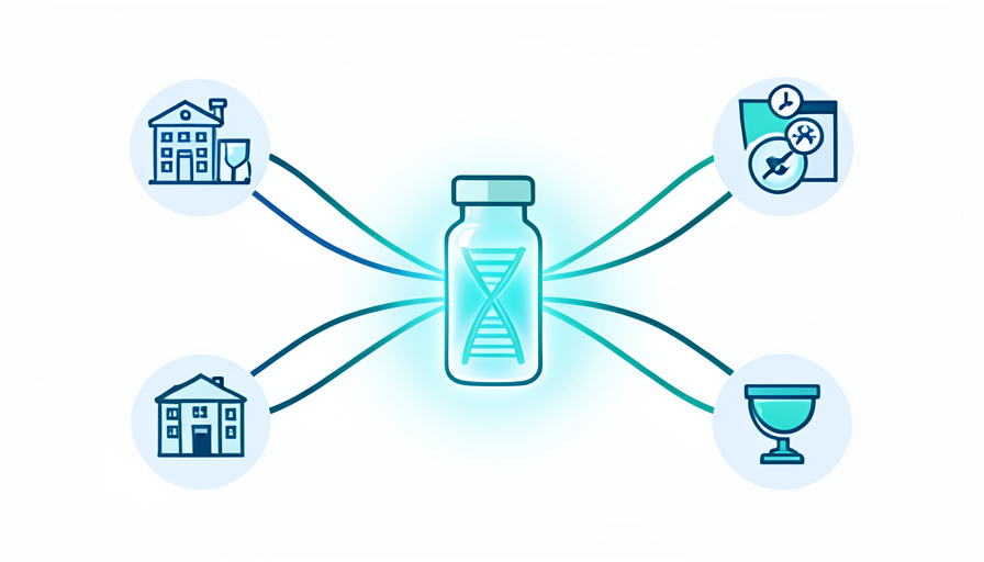 A DNA sample vial branching out to research and commercial institutions, showing how genetic data is shared after donation