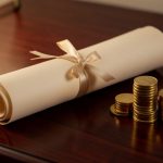A rolled blank parchment scroll tied with a ribbon beside a small stack of golden coins on a dark wooden desk