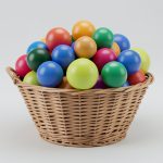 A woven basket filled with many glossy spheres of different colors on a clean neutral background, representing a diversified collection