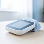A modern home blood pressure monitor with an arm cuff resting on a table, its screen switched off