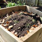 An open wooden compost bin in a backyard garden filled with dry leaves, grass clippings, and dark crumbly compost