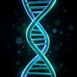 A glowing blue and teal three-dimensional DNA double helix twisting vertically against a dark background with soft light particles
