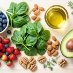 An overhead arrangement of anti-inflammatory whole foods including blueberries, spinach, walnuts, olive oil, and avocado on a light wooden surface