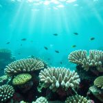 An underwater coral reef with sunlight filtering through turquoise water and some pale bleached coral, representing ocean acidification