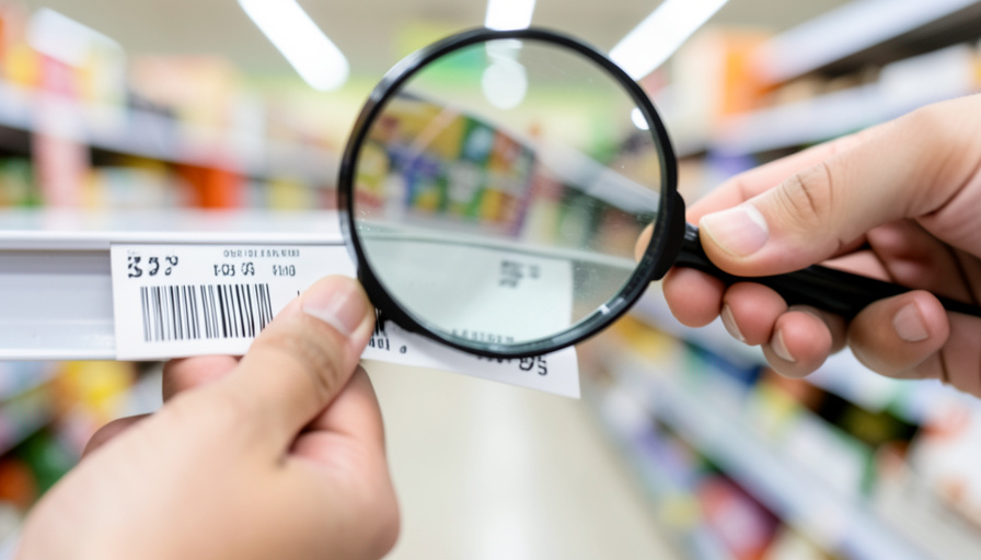A shopper using a magnifying glass to read the unit price on a supermarket shelf label, a way to spot shrinkflation