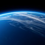 Earth's curved horizon seen from high above with streaking bands of high-altitude cloud, representing the jet stream