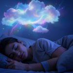 A person sleeping at night with a soft colorful dream cloud floating above their head