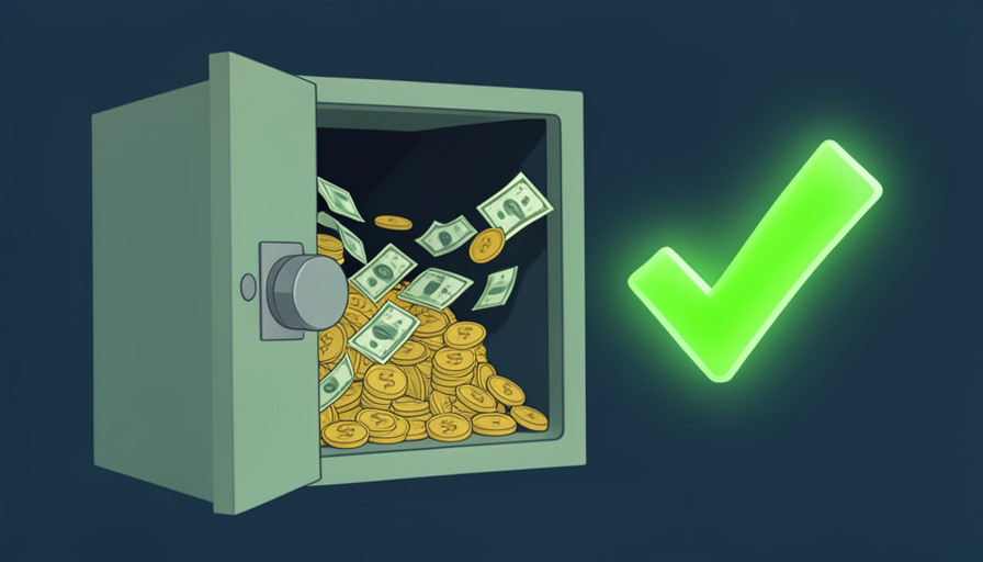 An open bank vault with cash and a green checkmark, symbolizing held deposit funds becoming available