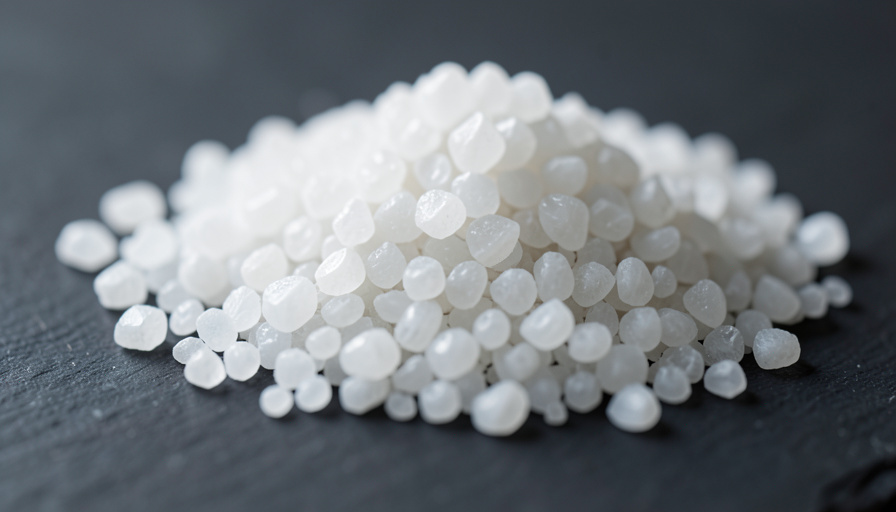 Close-up of coarse white sea-salt crystals, mostly sodium chloride, on a dark surface