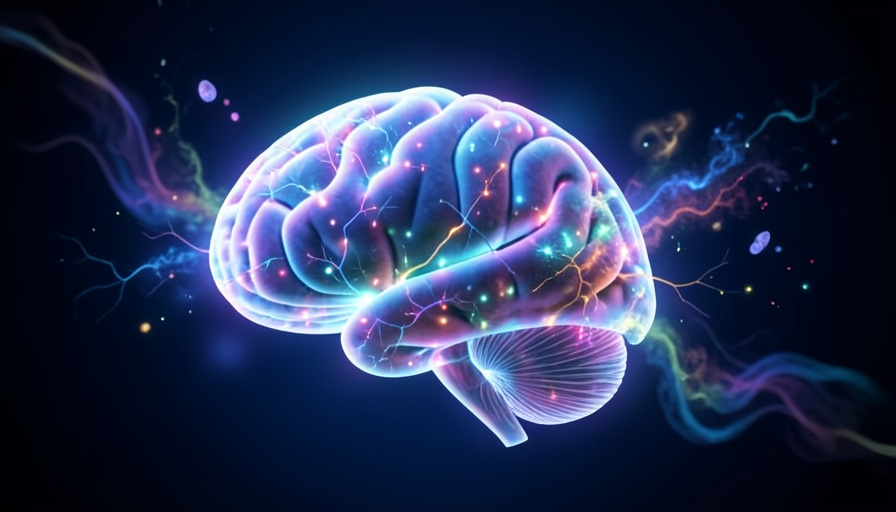 A glowing human brain with neural activity and dreamlike wisps of light, representing the brain during REM sleep and dreaming